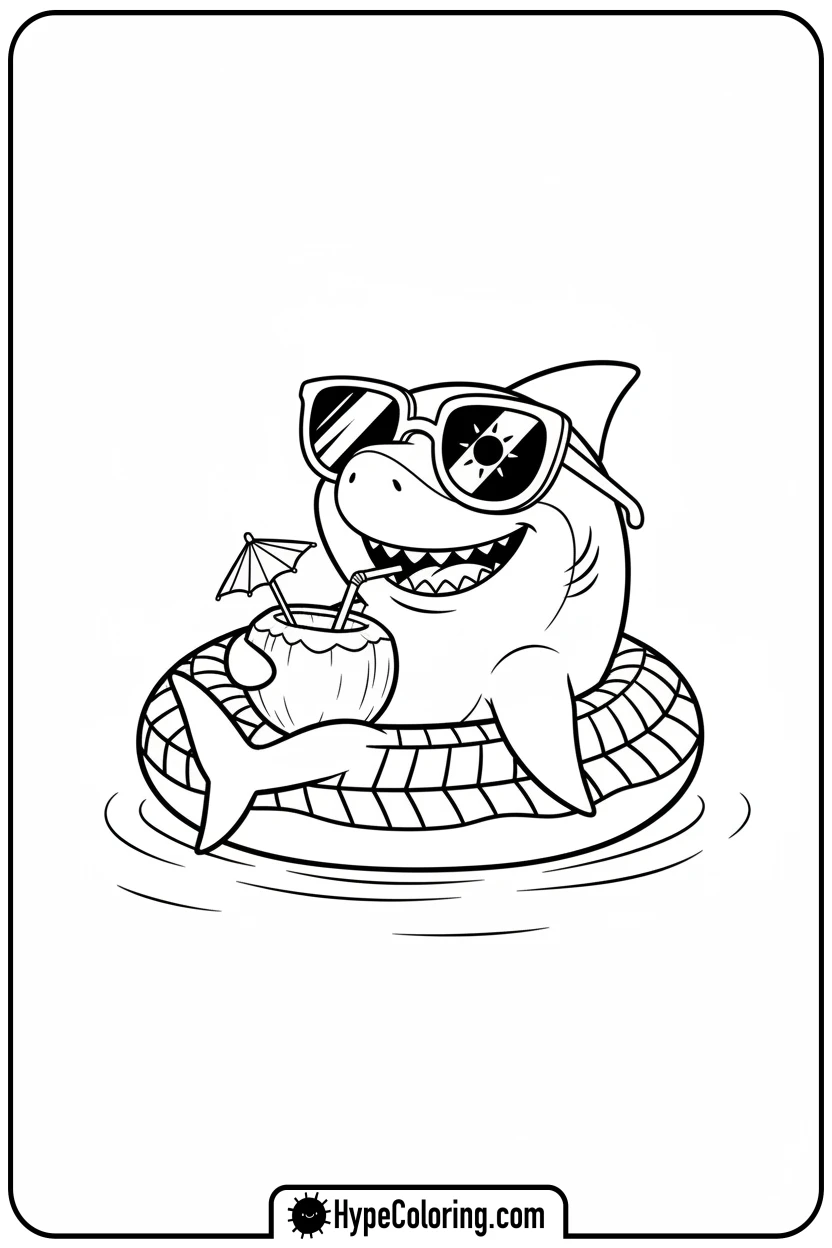 shark-relaxing-on-inner-tube - ocean coloring page