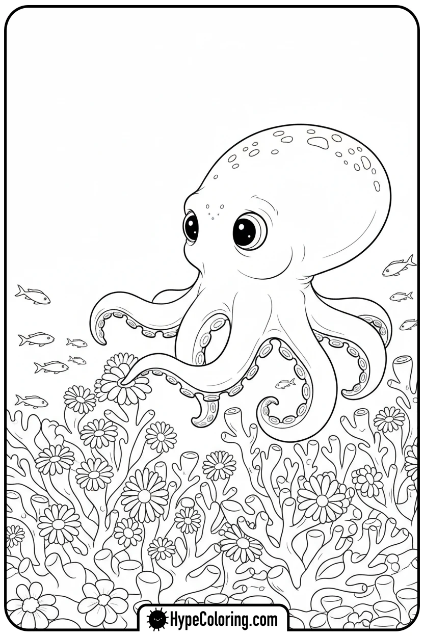 baby-octopus-touching-coral-garden - ocean coloring page