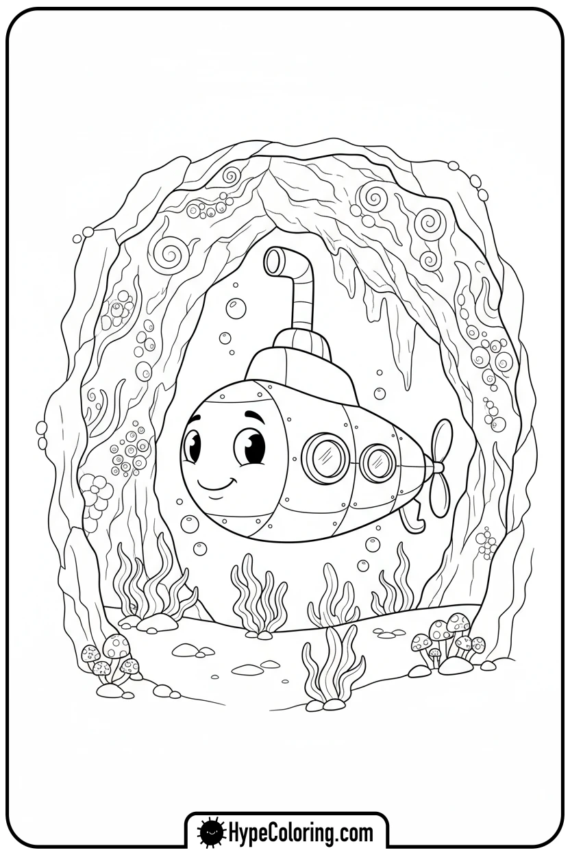 submarine-exploring-glowing-cave - ocean coloring page