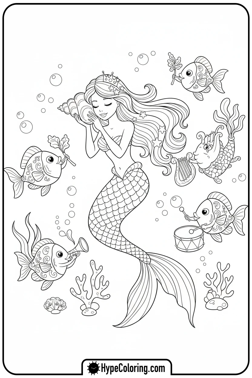 mermaid-listening-to-conch-shell - ocean coloring page