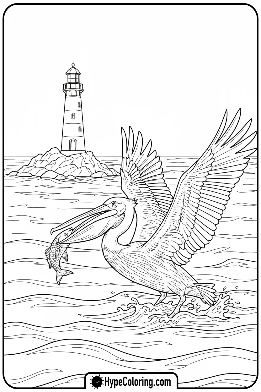 pelican-catching-fish-near-lighthouse - ocean coloring page