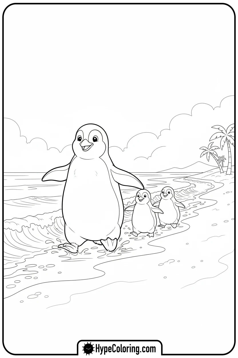 penguins-waddling-to-ocean - ocean coloring page