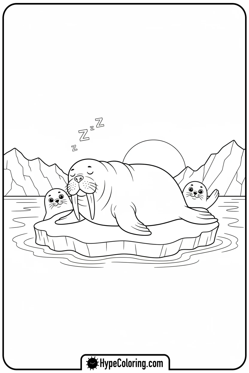 walrus-napping-on-iceberg - ocean coloring page
