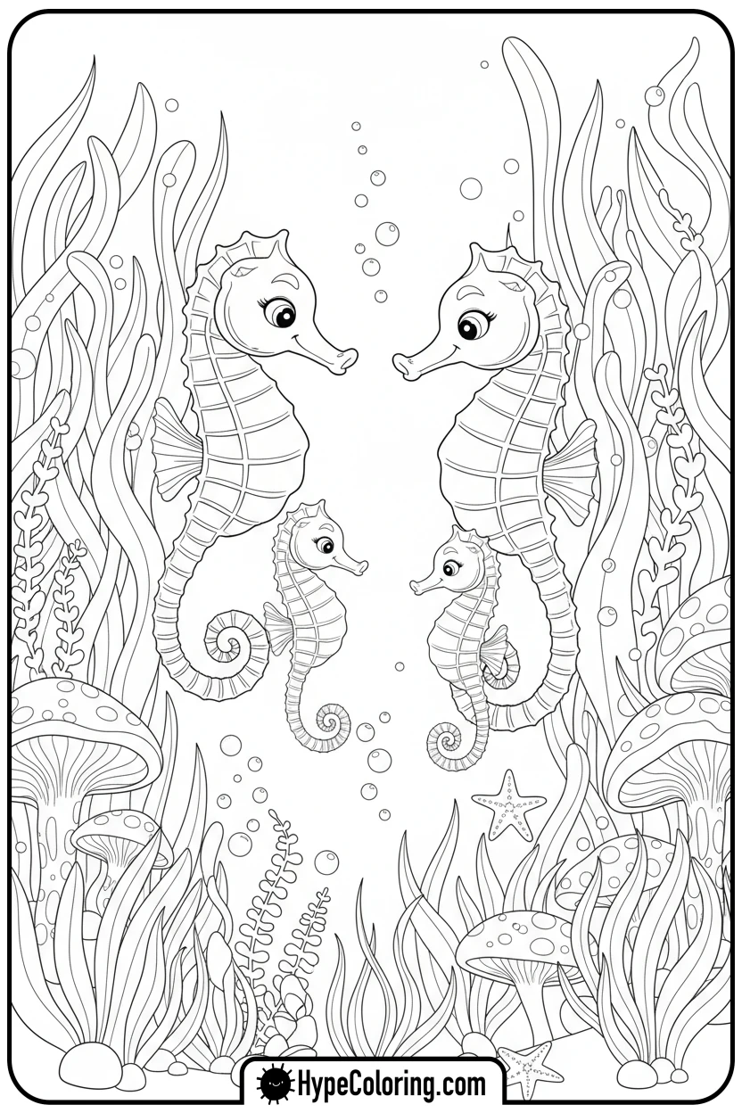 seahorse-family-dancing-in-kelp - ocean coloring page
