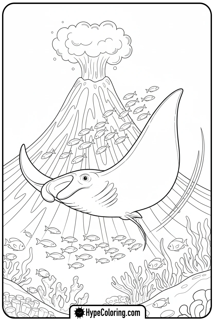manta-ray-swimming-with-pilot-fish - ocean coloring page