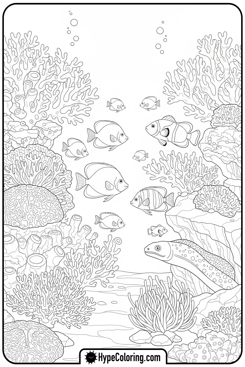 bustling-coral-reef-scene - ocean coloring page