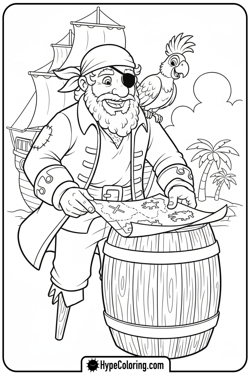 pirate-with-parrot-and-map - pirate coloring pages