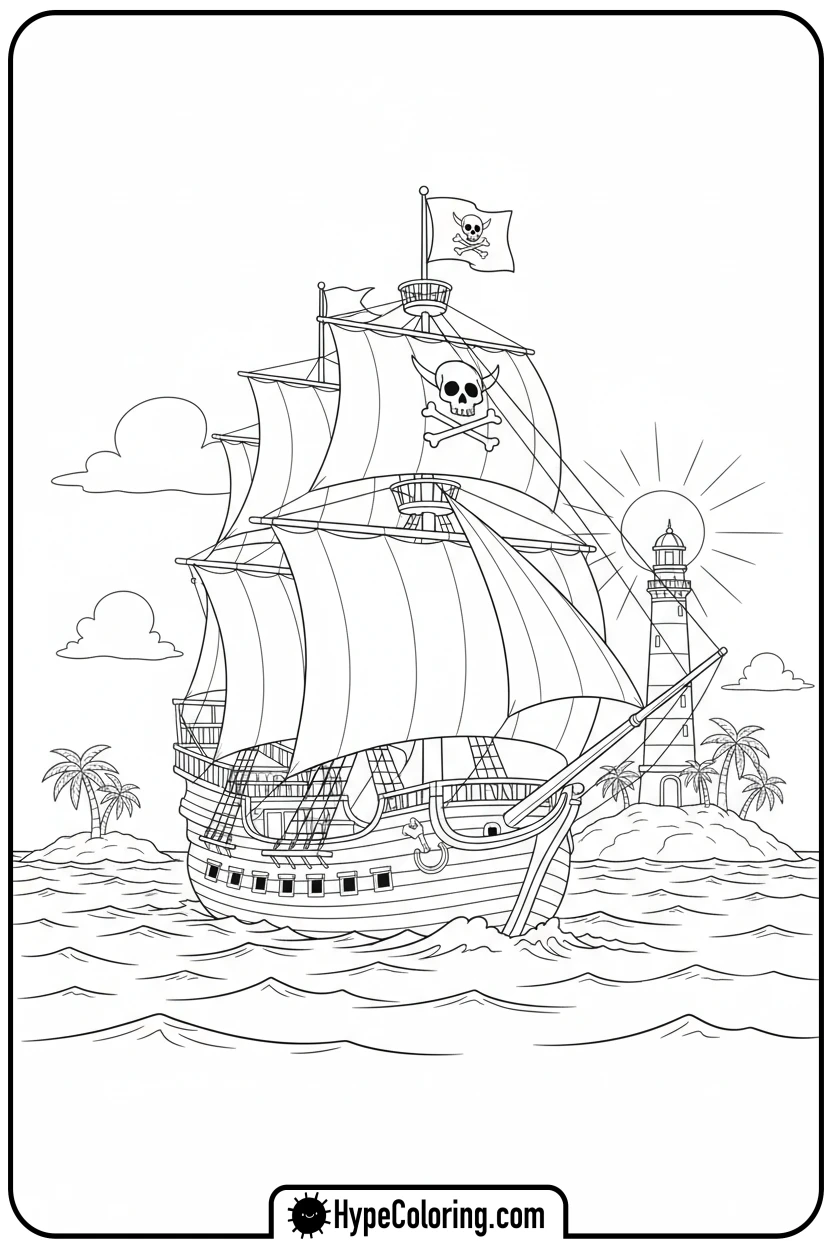 pirate-ship-sailing-to-island - pirate coloring pages