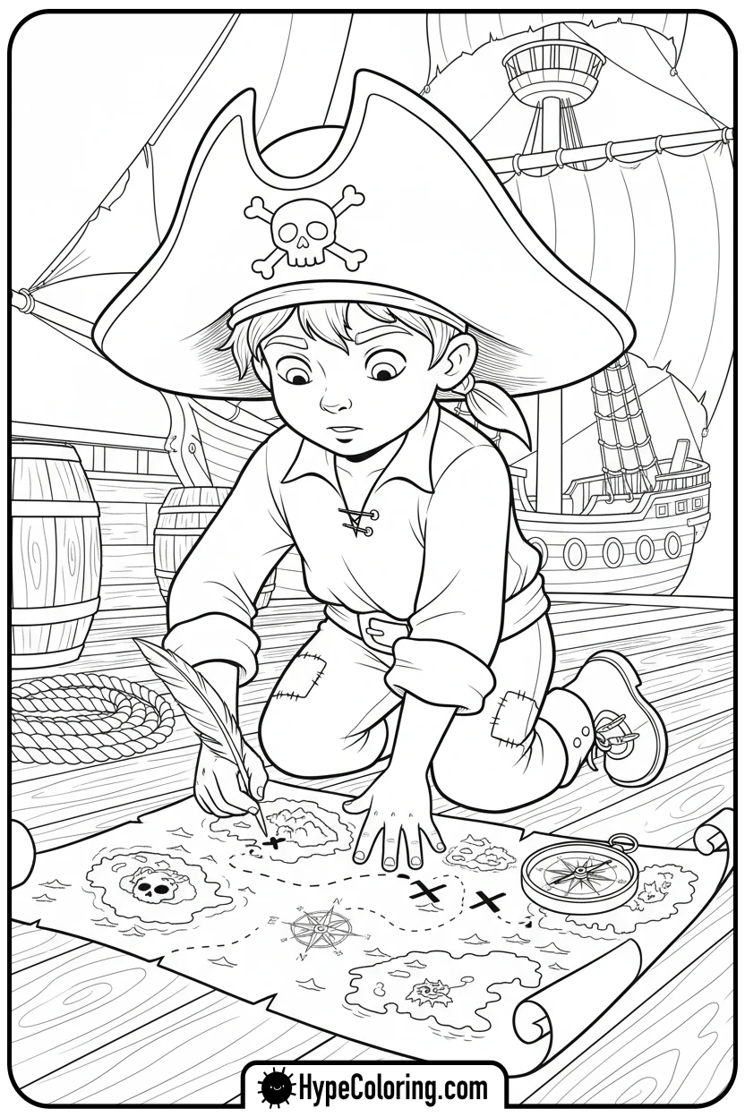young-pirate-studying-map - pirate coloring pages