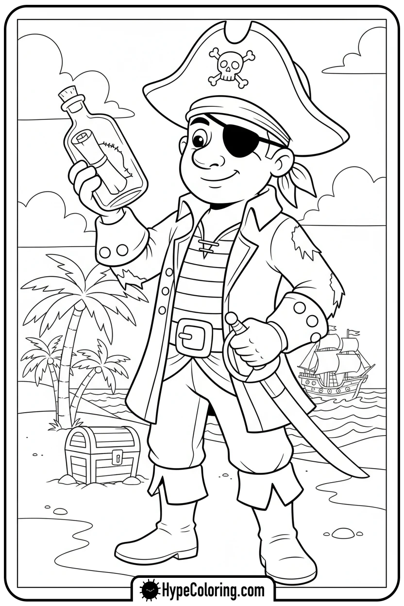 pirate-reading-message-in-bottle - pirate coloring pages