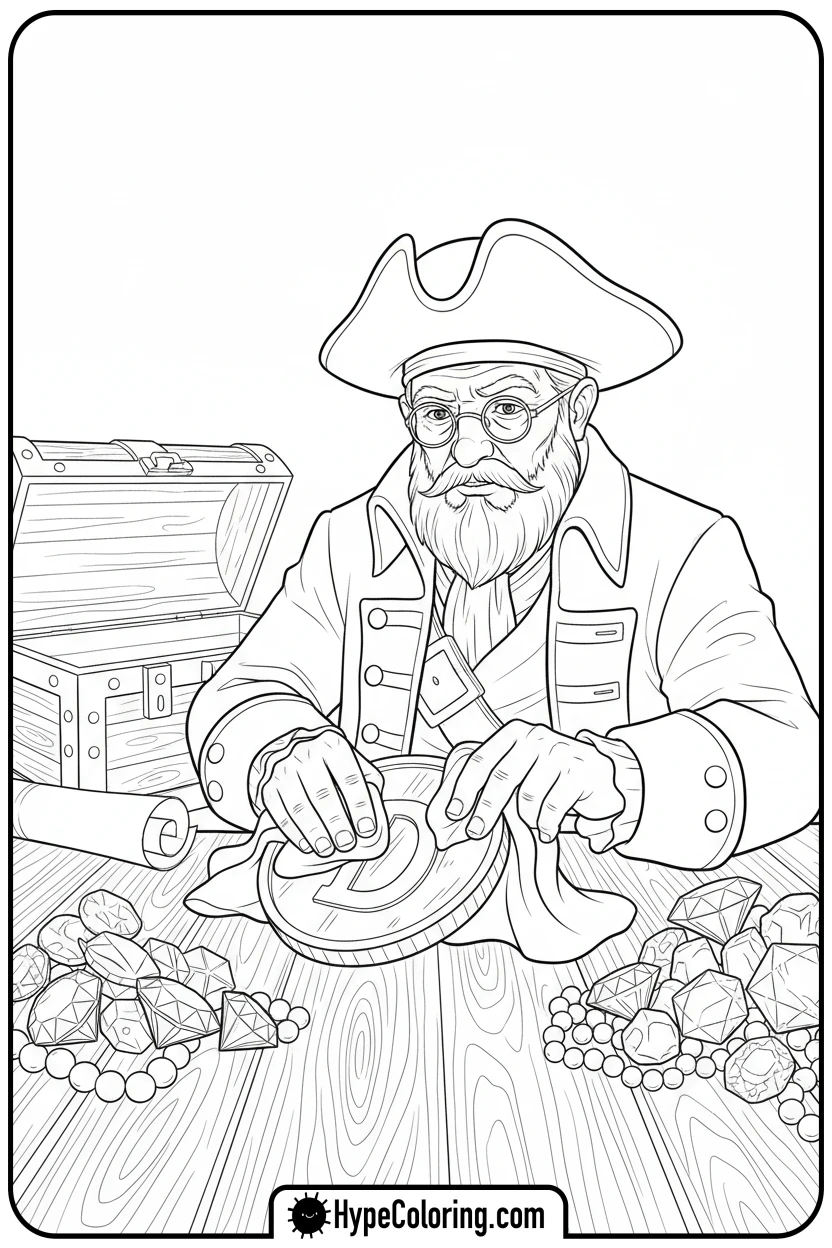 pirate-polishing-treasure - pirate coloring pages