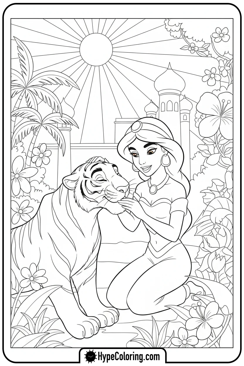 jasmine-petting-rajah-in-garden - princess jasmine and aladdin coloring pages