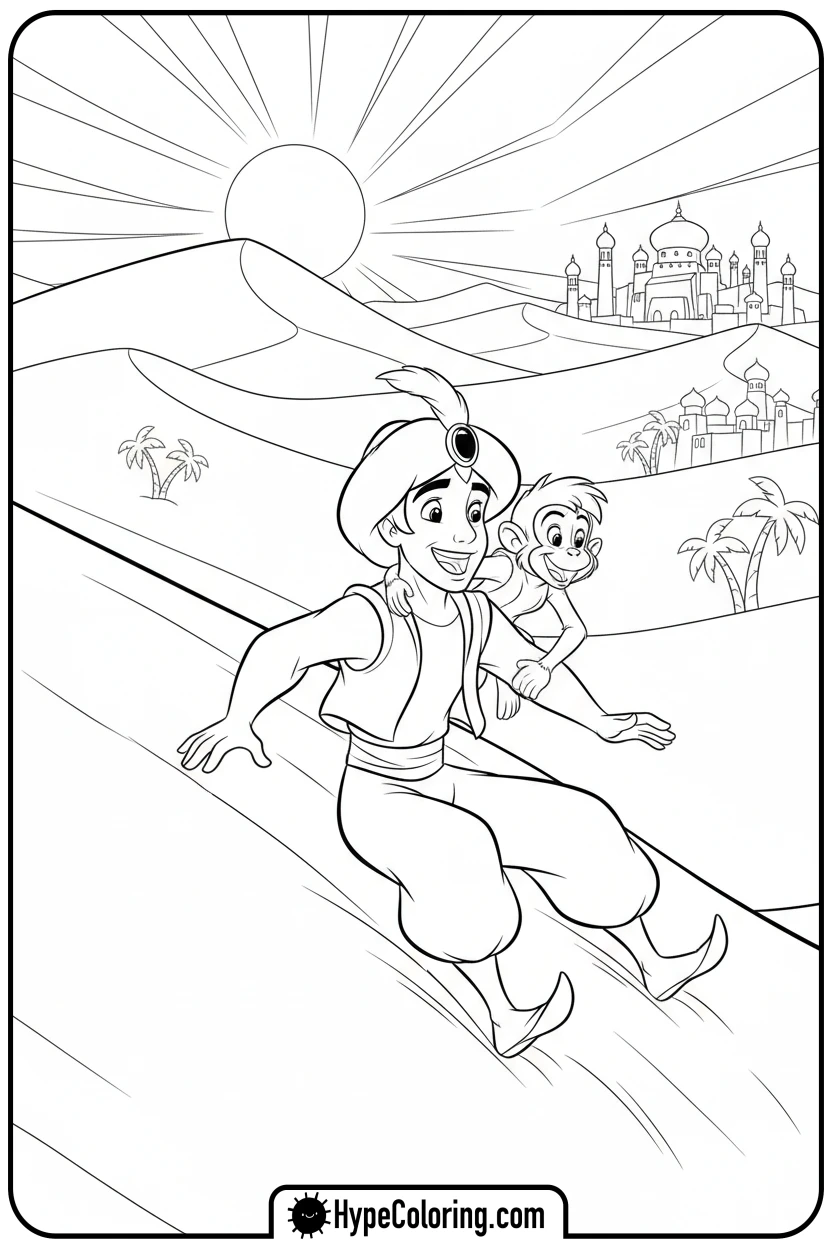 aladdin-and-abu-sliding-dune - princess jasmine and aladdin coloring pages