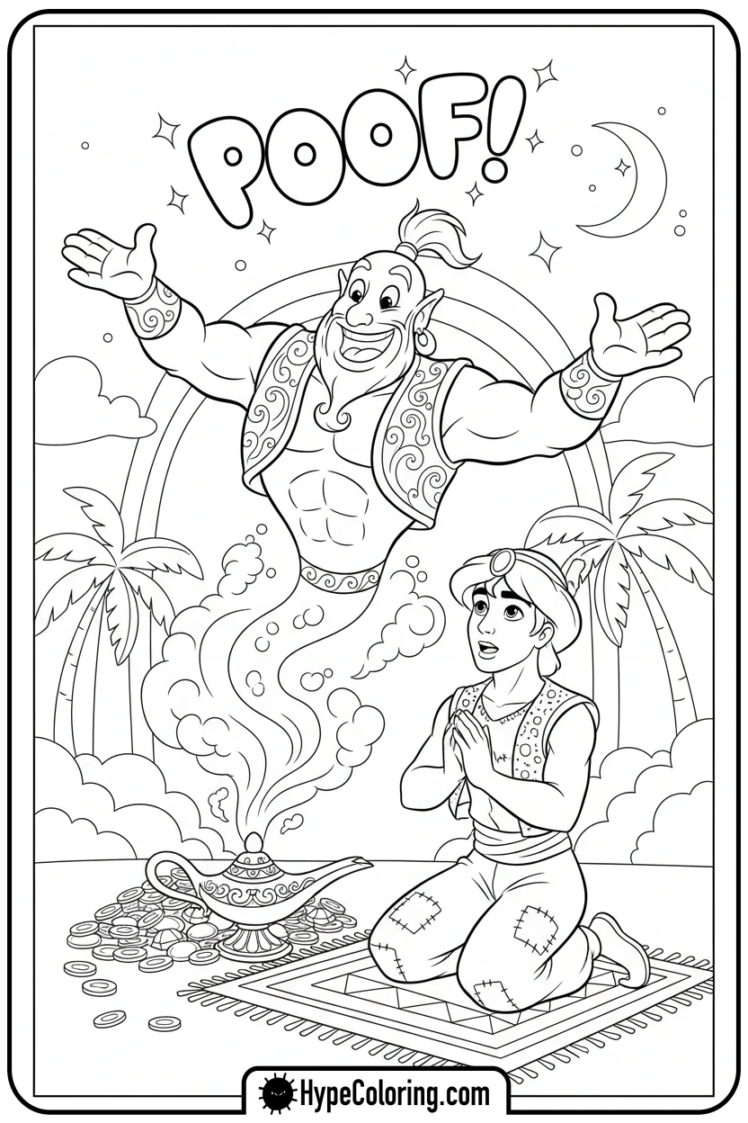 genie-emerging-from-lamp - princess jasmine and aladdin coloring pages