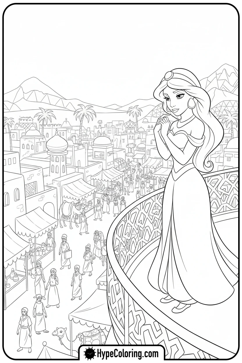 jasmine-on-palace-balcony - princess jasmine and aladdin coloring pages