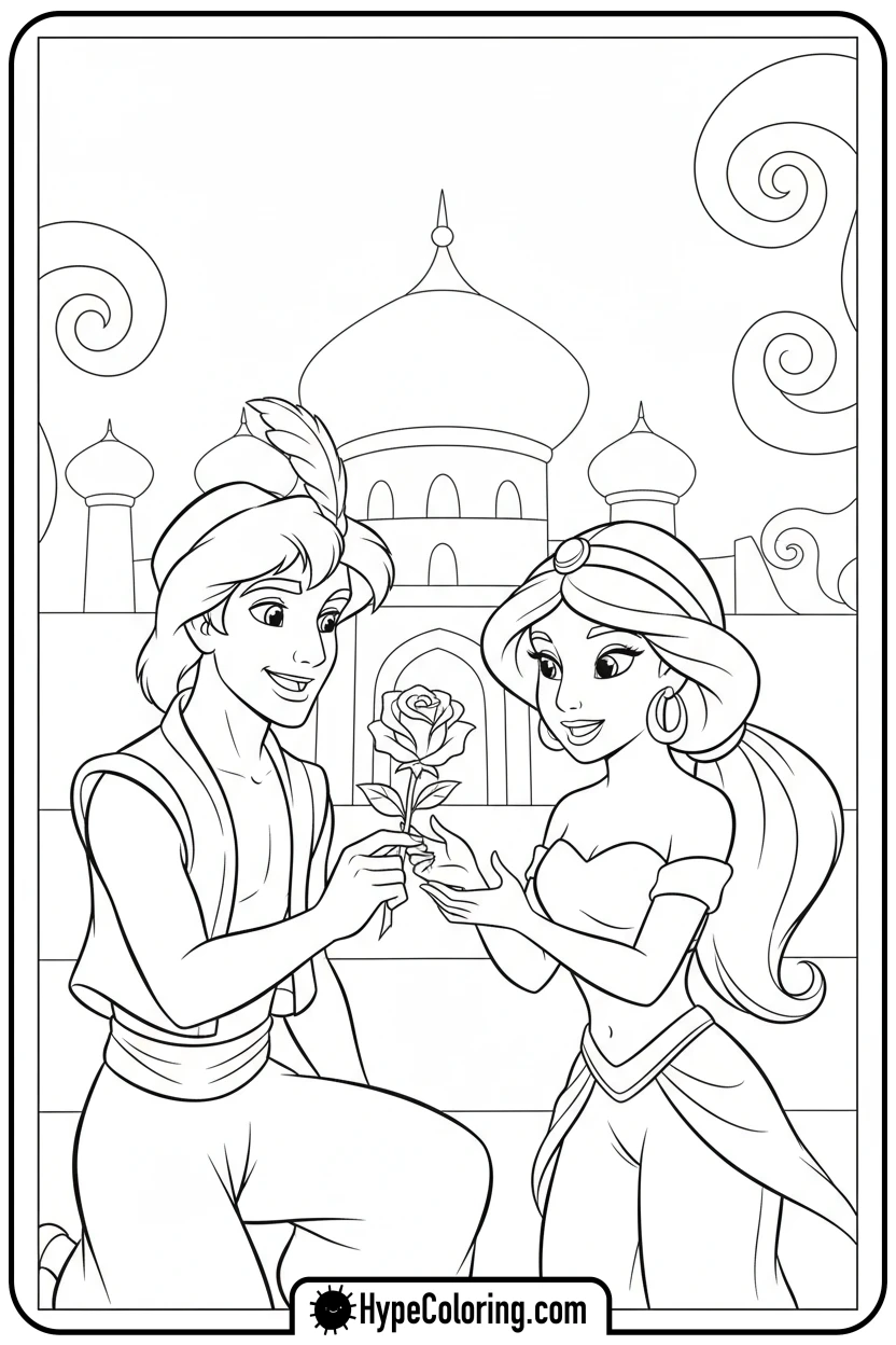 aladdin-offering-jasmine-a-rose - princess jasmine and aladdin coloring pages