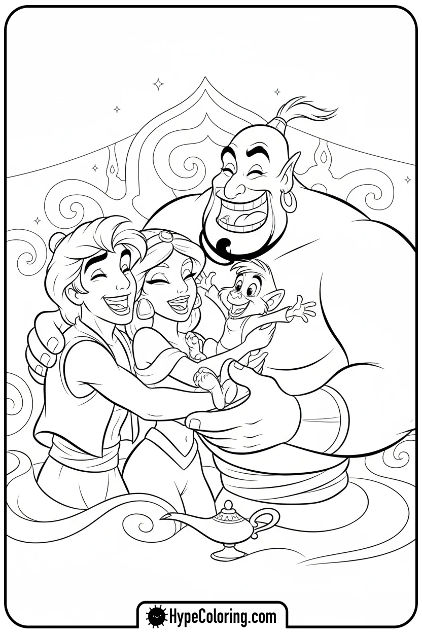 aladdin-jasmine-genie-abu-hugging - princess jasmine and aladdin coloring pages
