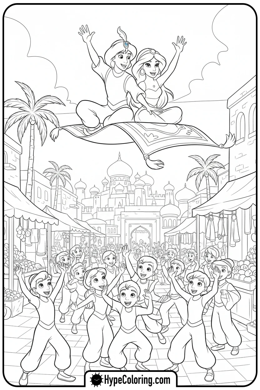 magic-carpet-waving-to-children - princess jasmine and aladdin coloring pages