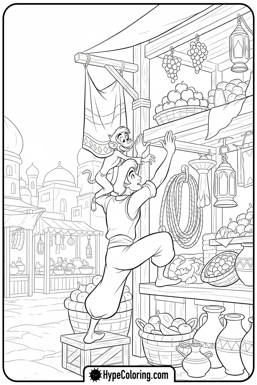 aladdin-climbing-market-stall - princess jasmine and aladdin coloring pages