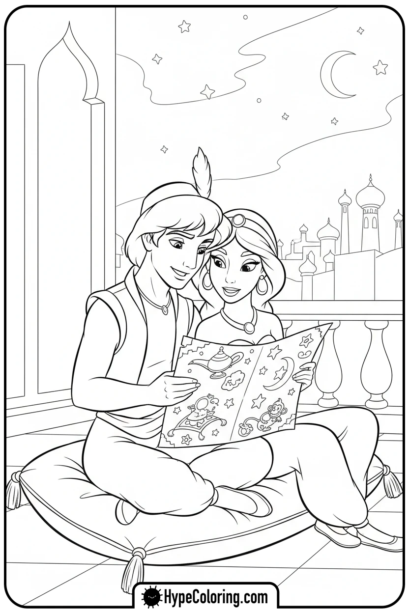 aladdin-and-jasmine-reading-scroll - princess jasmine and aladdin coloring pages