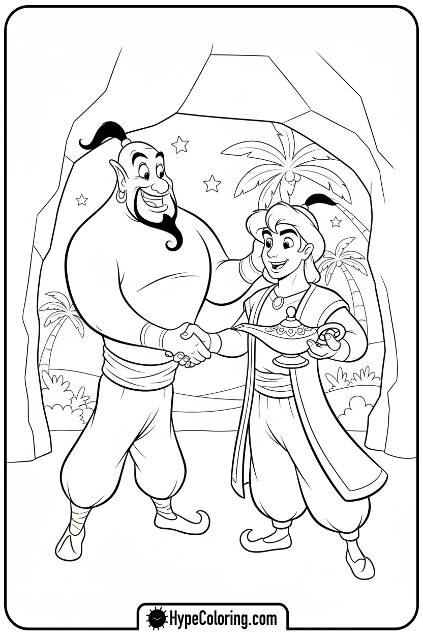 genie-shaking-aladdin-s-hand - princess jasmine and aladdin coloring pages