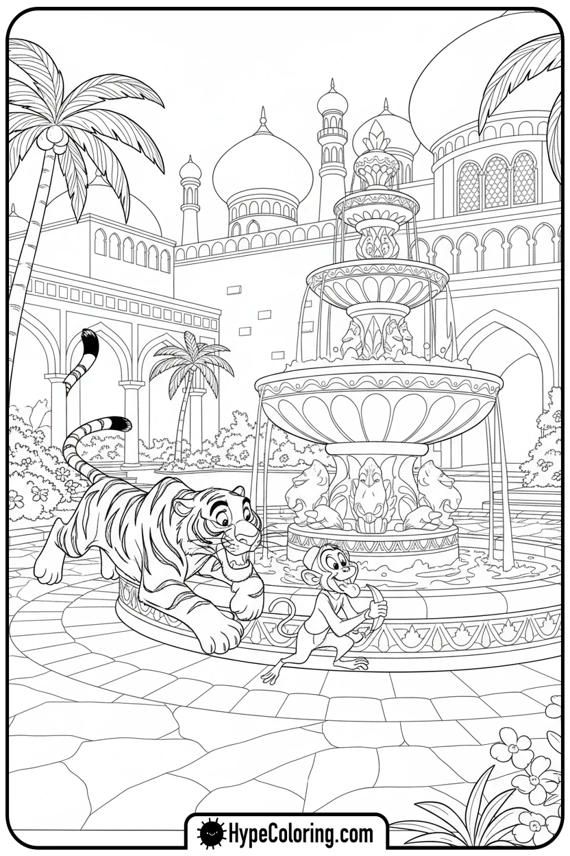 rajah-chasing-abu-at-fountain - princess jasmine and aladdin coloring pages