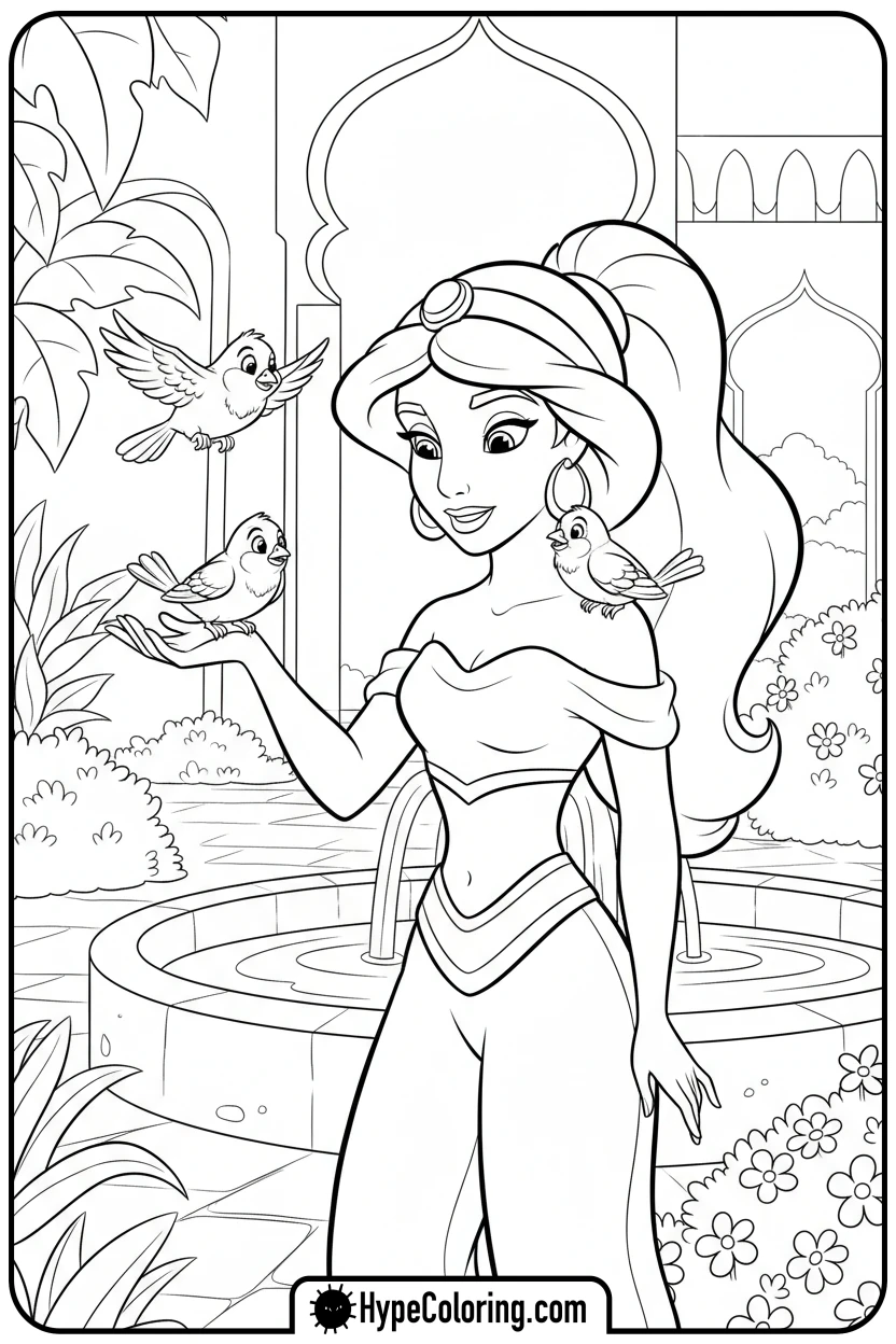 jasmine-feeding-birds - princess jasmine and aladdin coloring pages