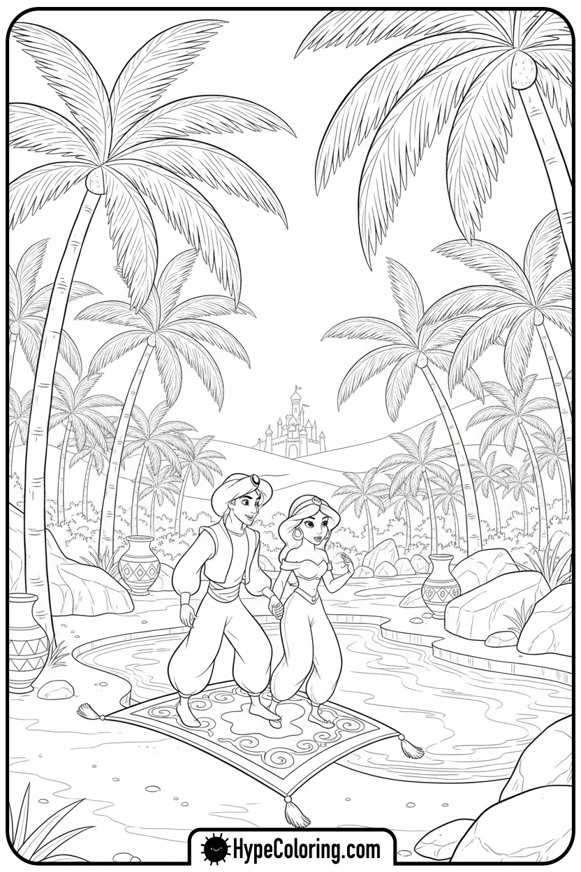 magic-carpet-landing-in-oasis - princess jasmine and aladdin coloring pages