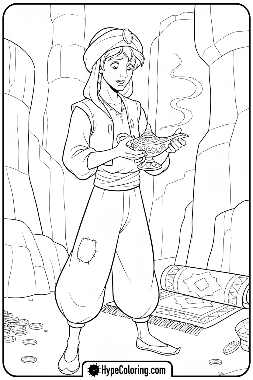 aladdin-holding-magic-lamp - princess jasmine and aladdin coloring pages