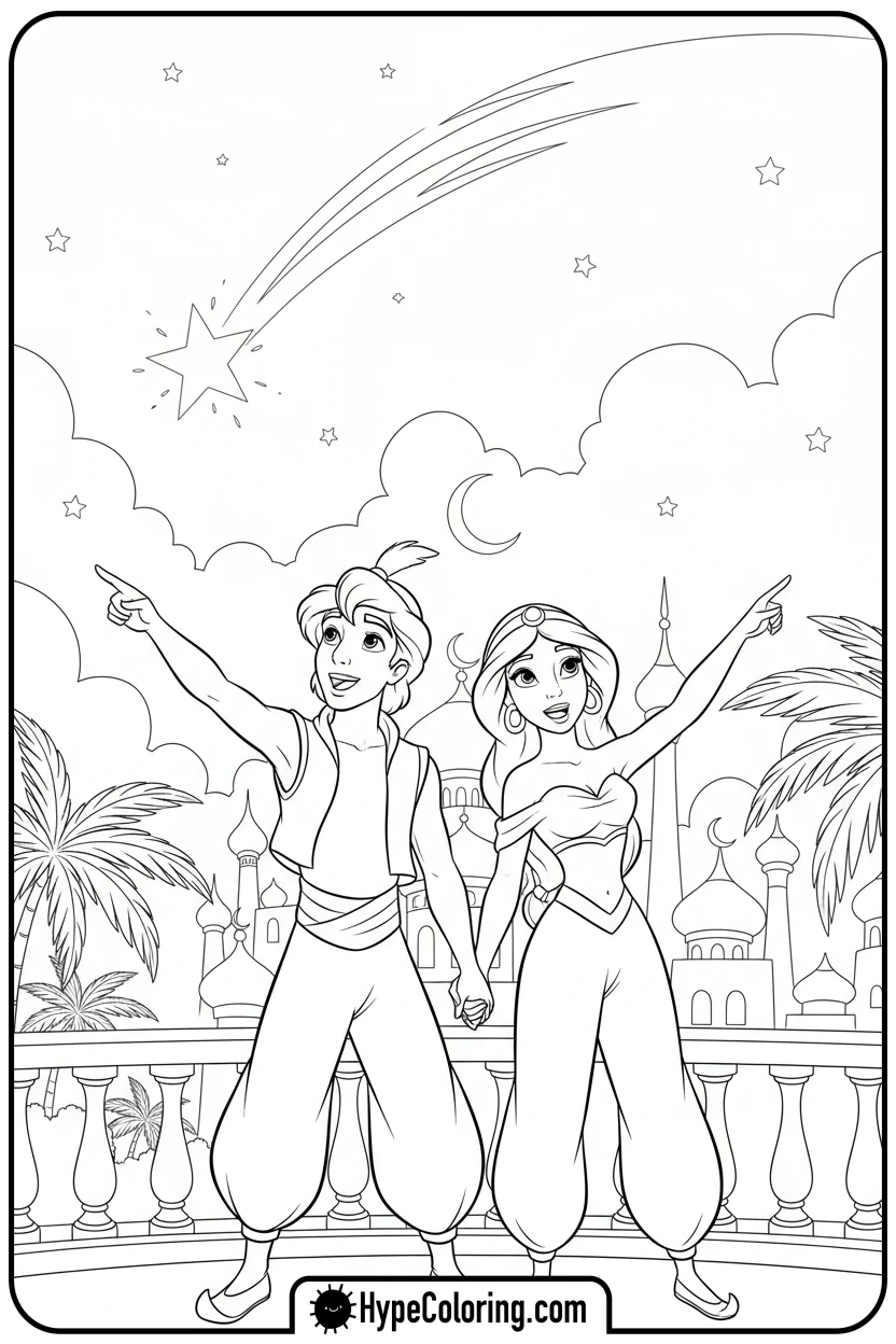 aladdin-and-jasmine-wishing-on-star - princess jasmine and aladdin coloring pages