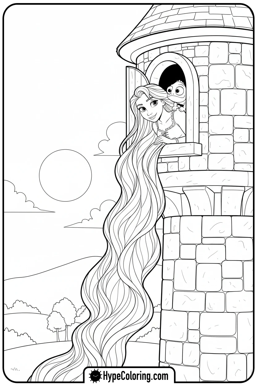 rapunzel-in-tower-hair-flowing - princess rapunzel coloring pages