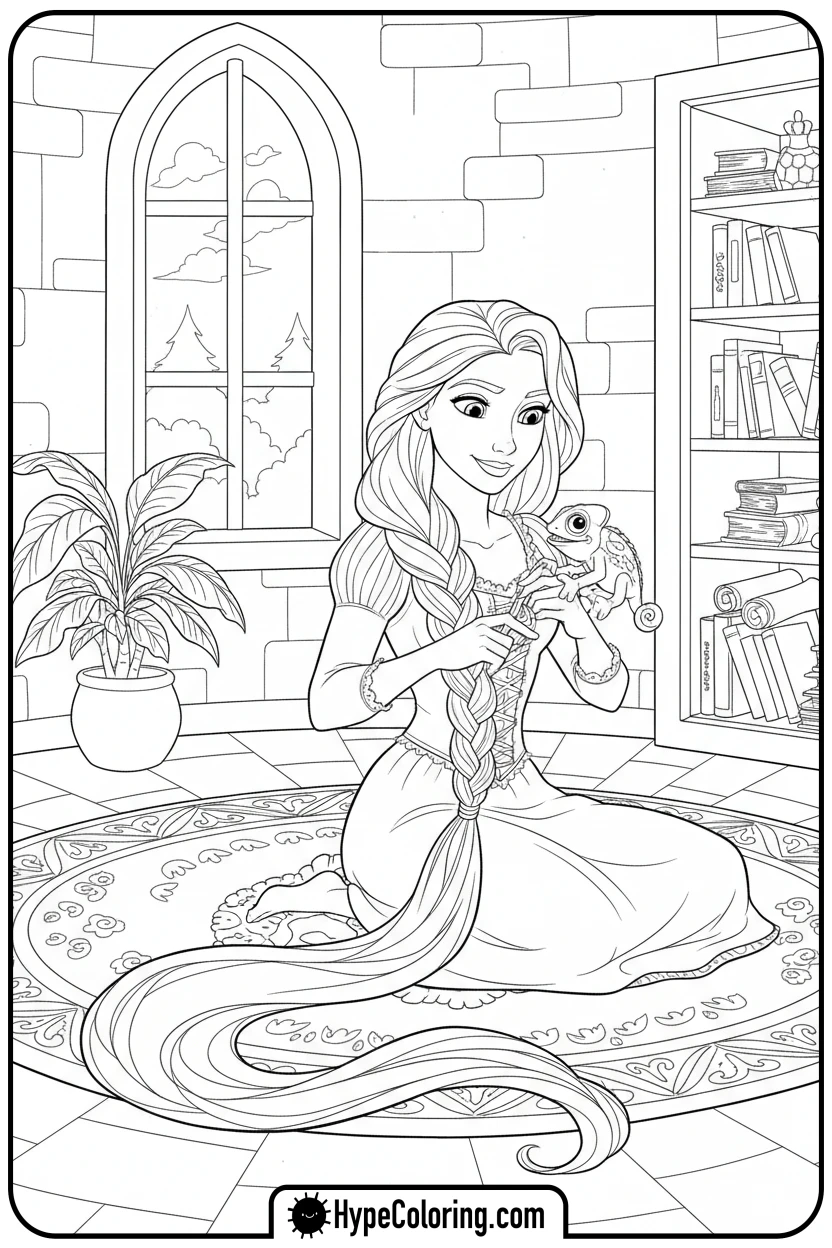rapunzel-braiding-hair-with-pascal - princess rapunzel coloring pages