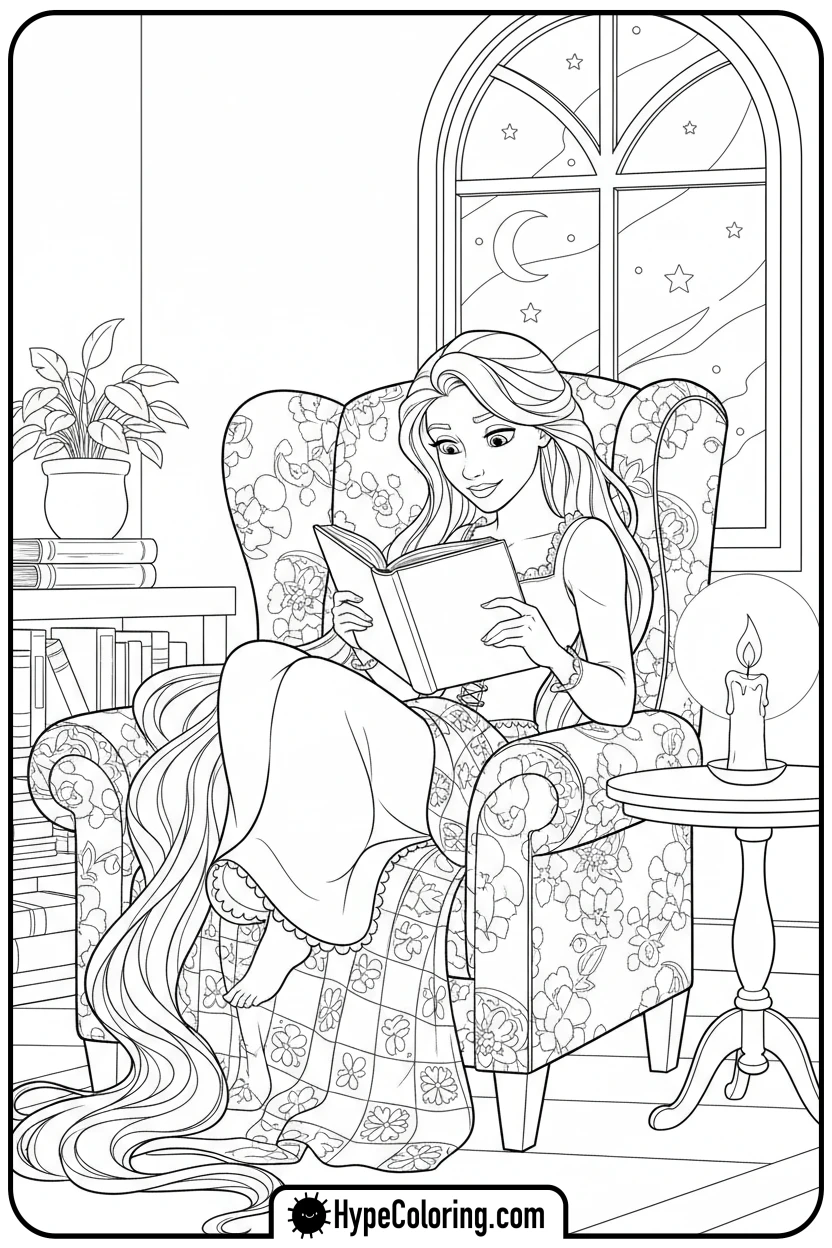 rapunzel-reading-by-candlelight - princess rapunzel coloring pages