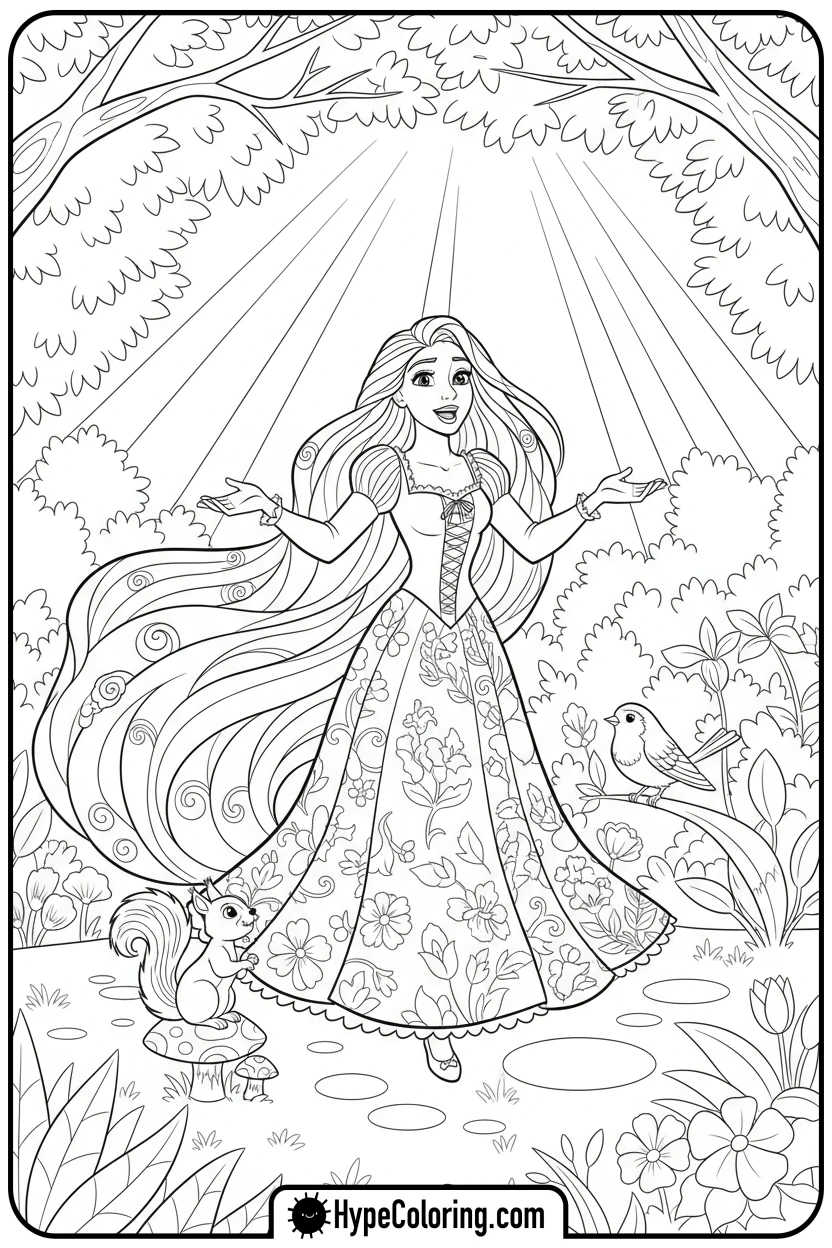rapunzel-singing-with-forest-animals - princess rapunzel coloring pages