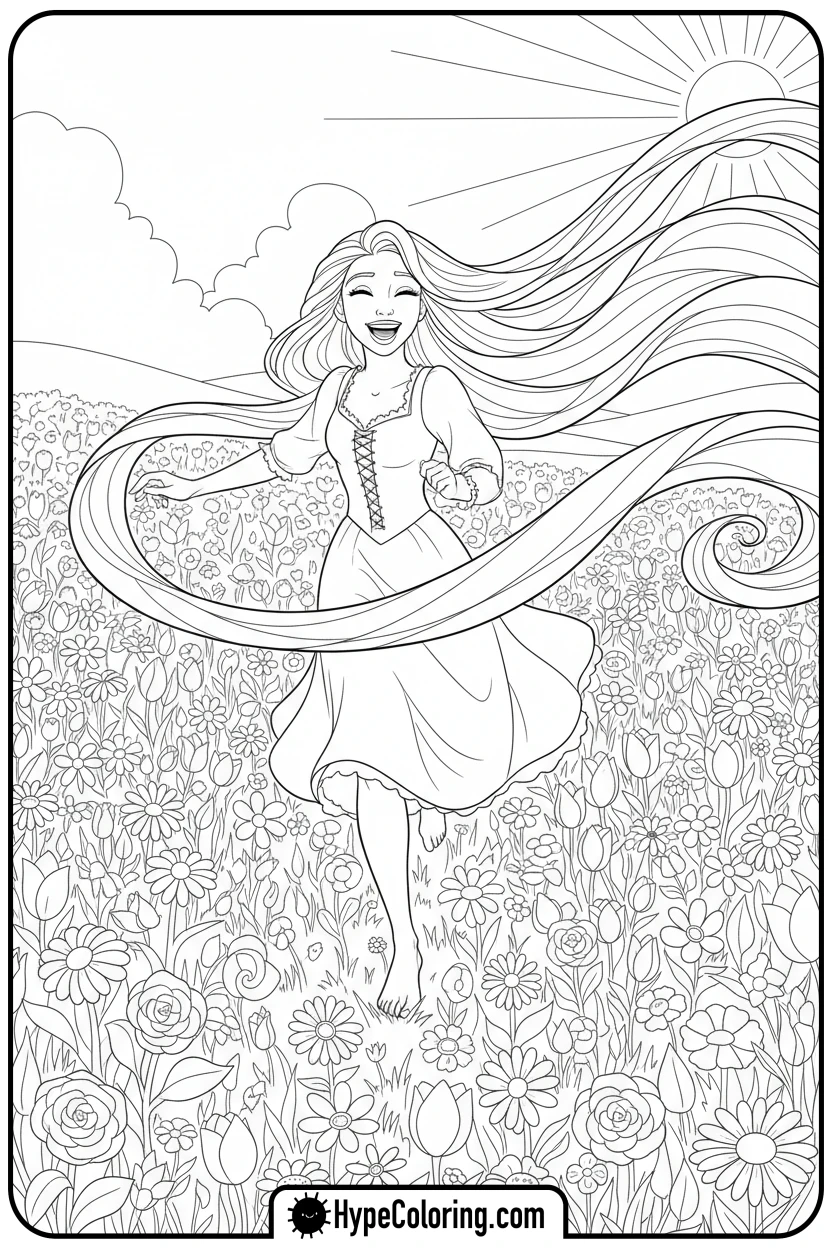 rapunzel-running-in-flower-field - princess rapunzel coloring pages