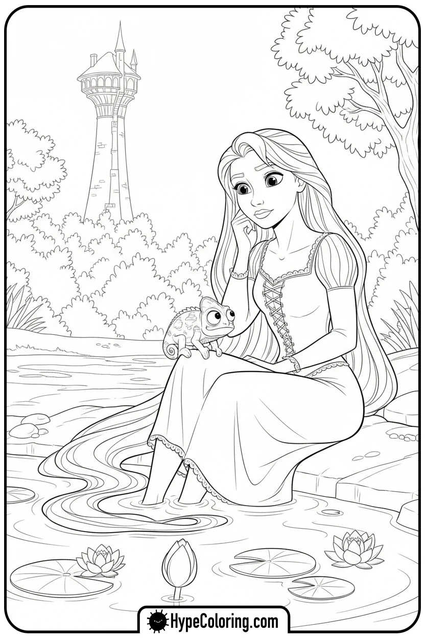 rapunzel-by-pond-with-hair - princess rapunzel coloring pages