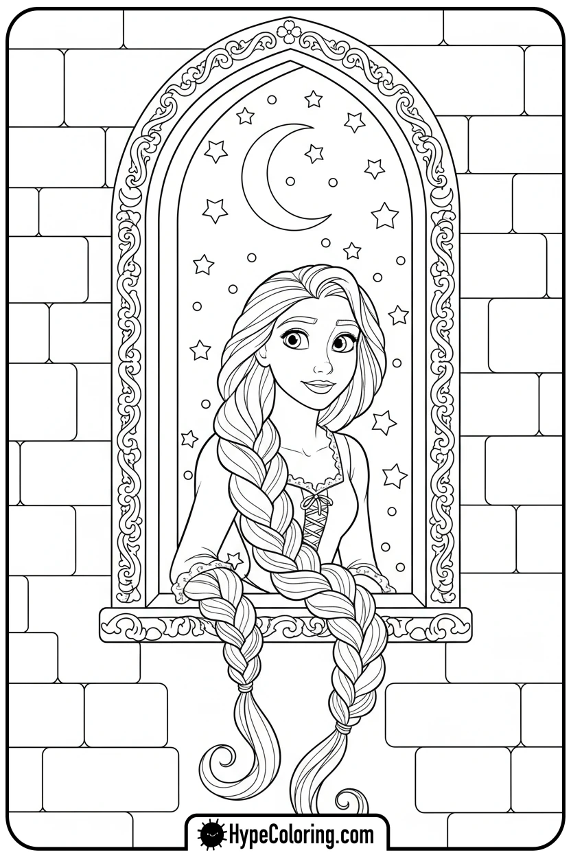 rapunzel-stargazing-from-tower - princess rapunzel coloring pages