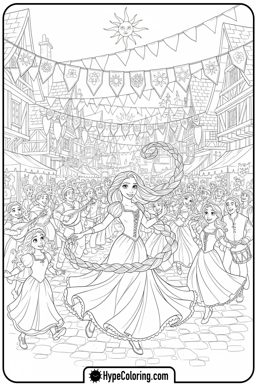 rapunzel-dancing-in-village - princess rapunzel coloring pages