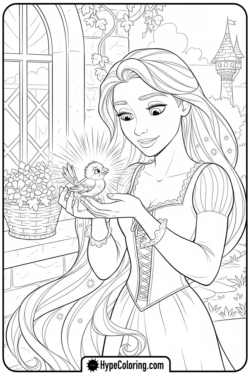 rapunzel-healing-bird-with-hair - princess rapunzel coloring pages