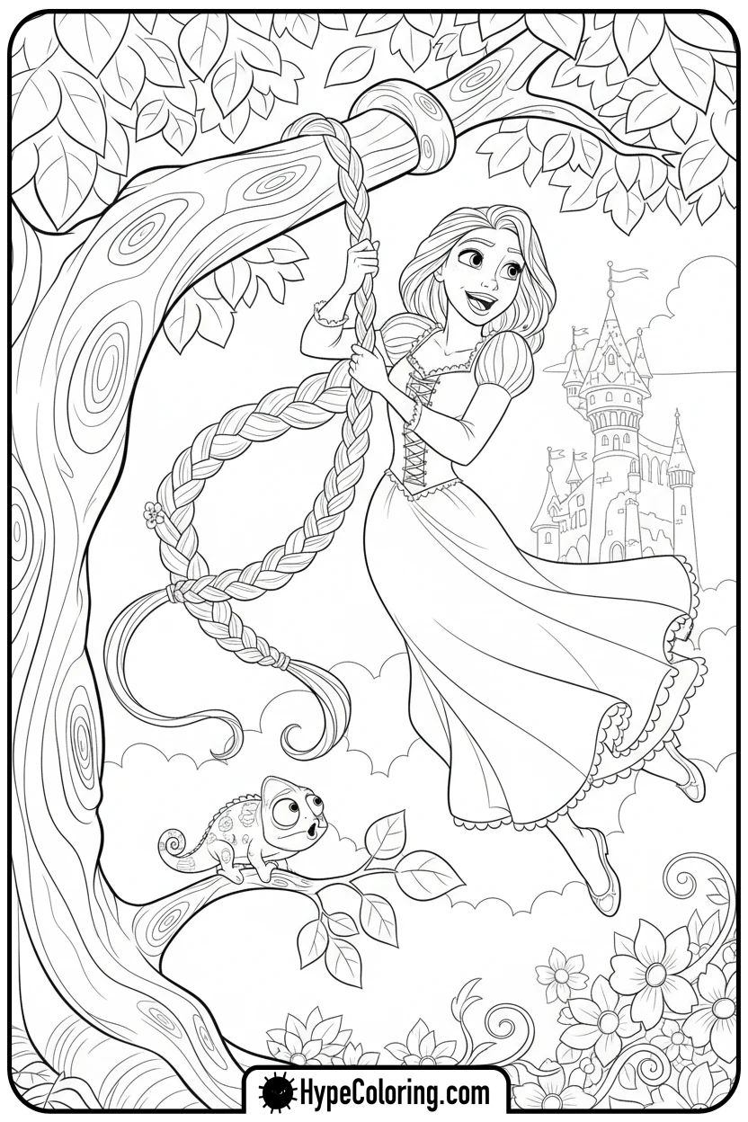 rapunzel-swinging-from-tree-with-hair - princess rapunzel coloring pages