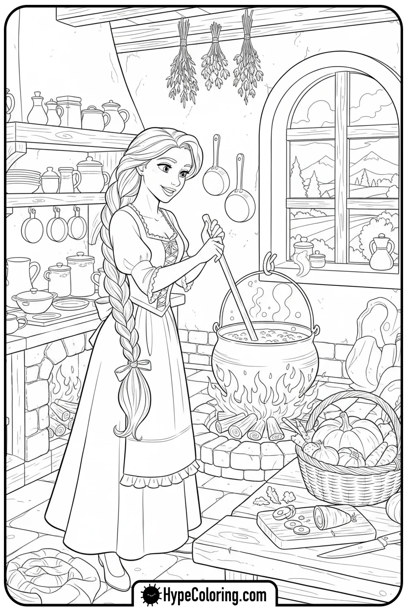 rapunzel-cooking-in-kitchen - princess rapunzel coloring pages