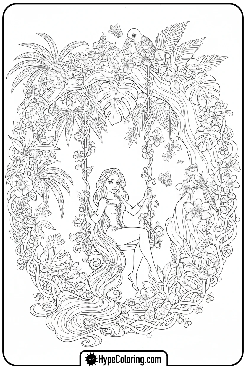 rapunzel-on-vine-swing - princess rapunzel coloring pages
