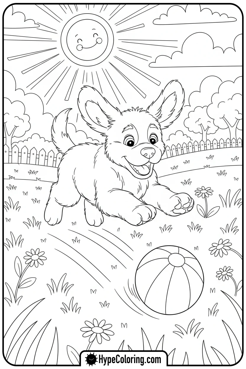 puppy-chasing-striped-ball - puppy coloring sheets