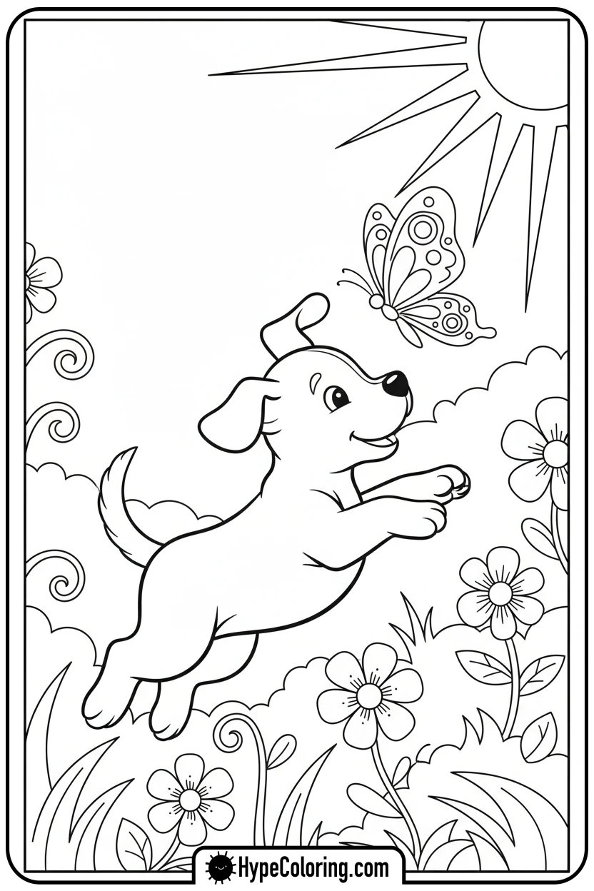 puppy-jumping-for-butterfly - puppy coloring sheets