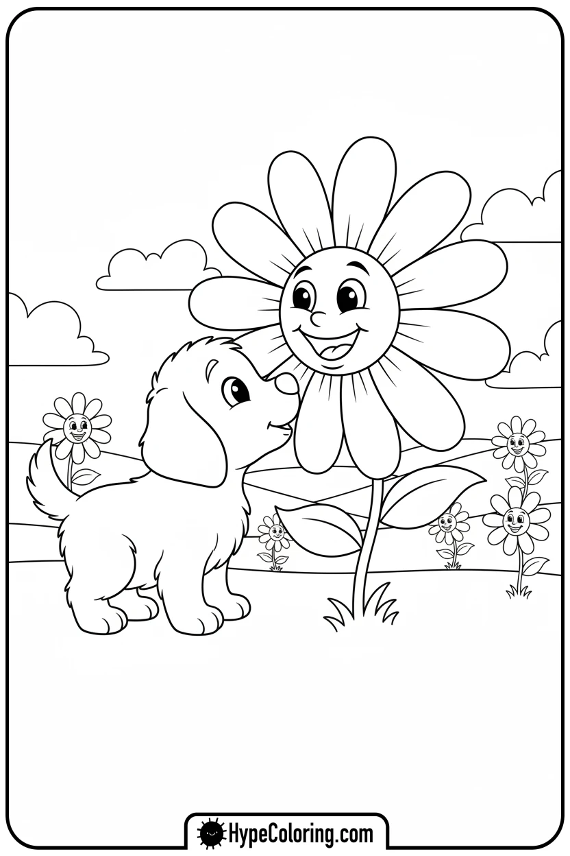 puppy-sniffing-daisy - puppy coloring sheets