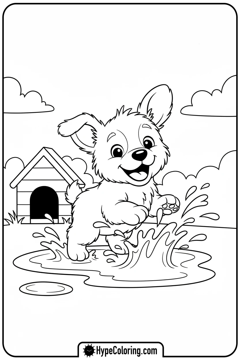 puppy-splashing-in-puddle - puppy coloring sheets