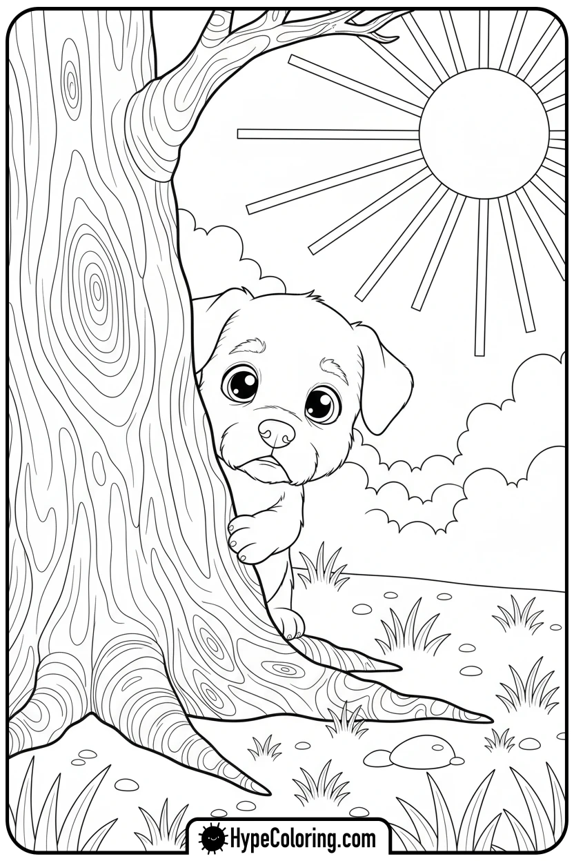 puppy-peeking-from-tree - puppy coloring sheets