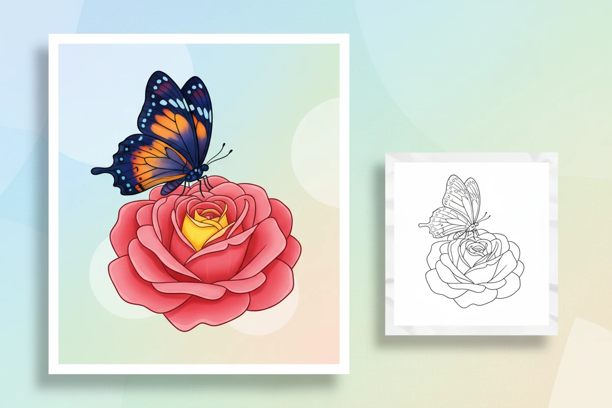 a-graceful-butterfly-with-patterned - roses coloring pages