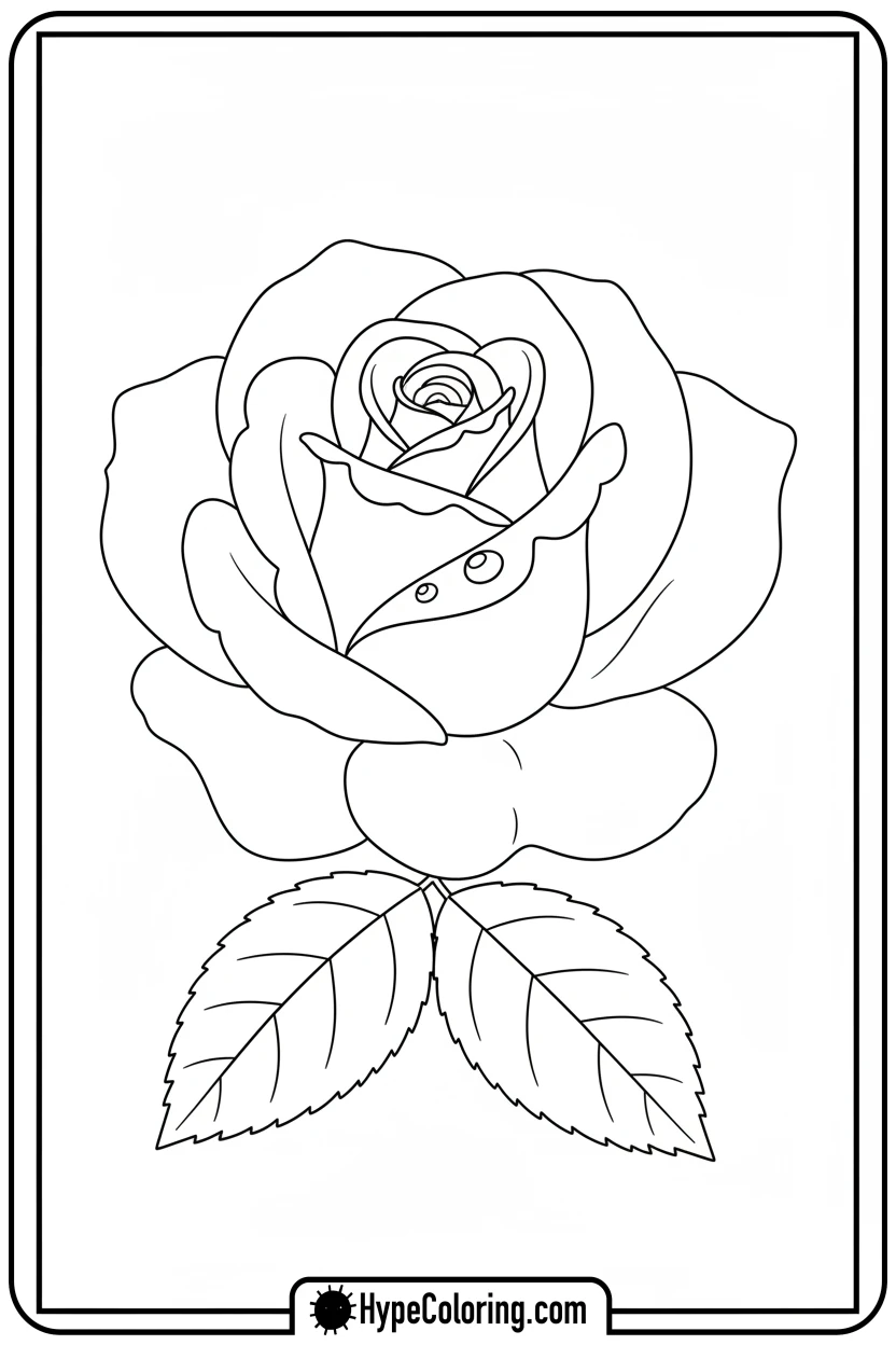 single-rose-with-dewdrop - roses coloring pages