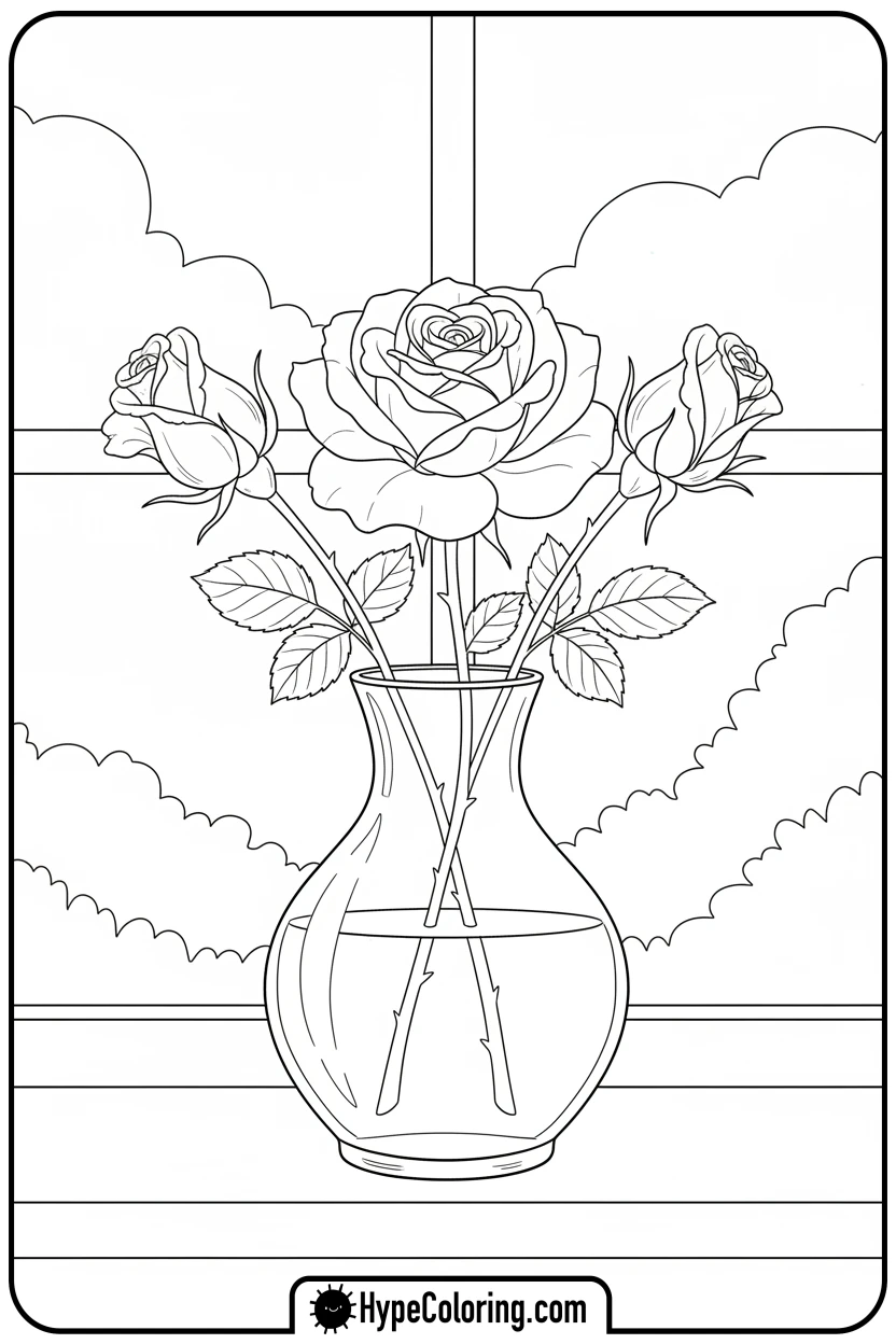 three-roses-in-vase - roses coloring pages
